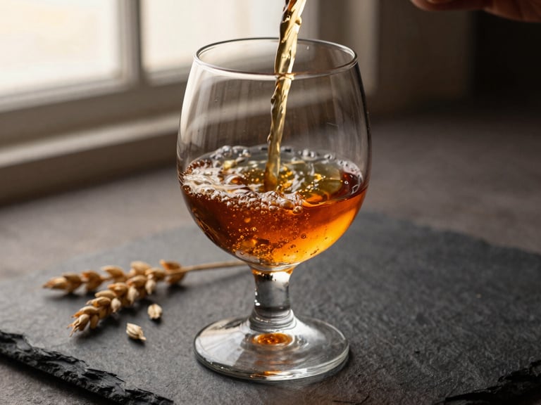 Close-up shot of rich amber liquid pouring cleanly into an elegant, stemmed glass, raw barley scattered on a dark slate surface, warm golden hour lighting, shallow depth of field.