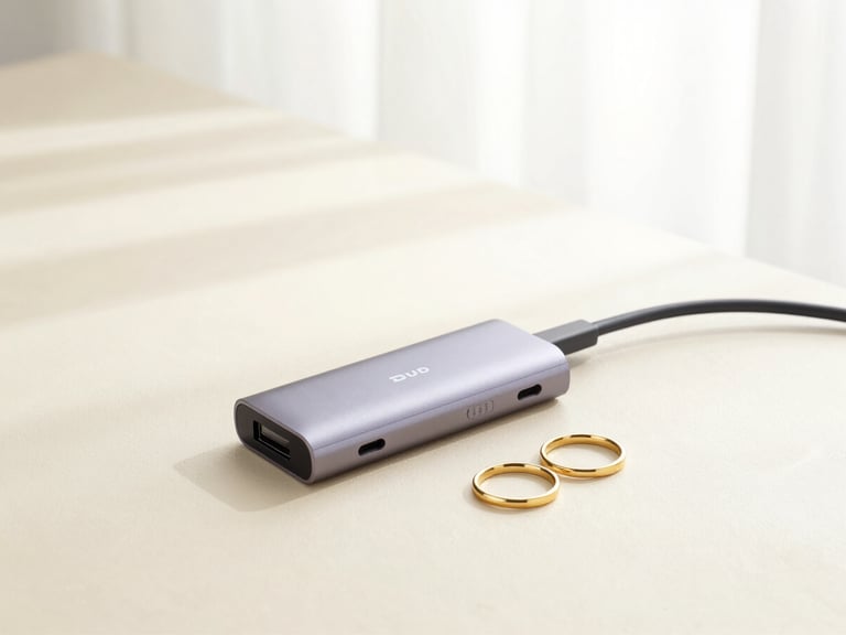 Bright high-key product photography of a sleek USB-C hub and elegant gold rings arranged on a warm cream desk, soft natural window light, 50mm lens