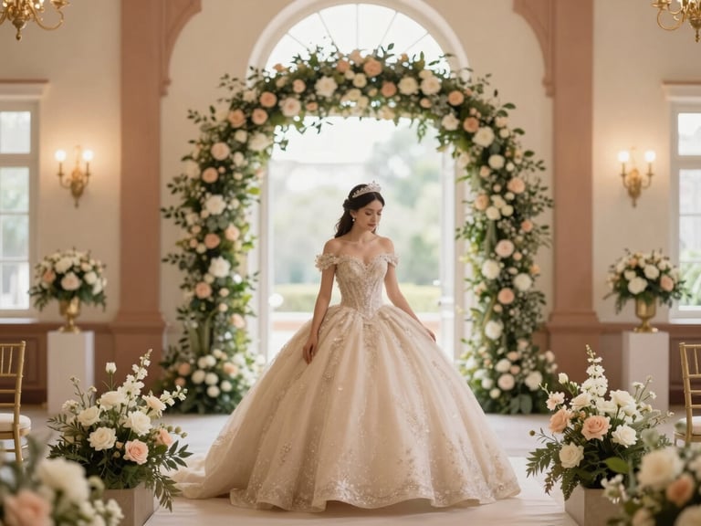 Elegant interior of El Encanto, decorated for a quinceañera with delicate floral arrangements, soft lighting, and a festive yet sophisticated atmosphere, cream and dusty sage tones.