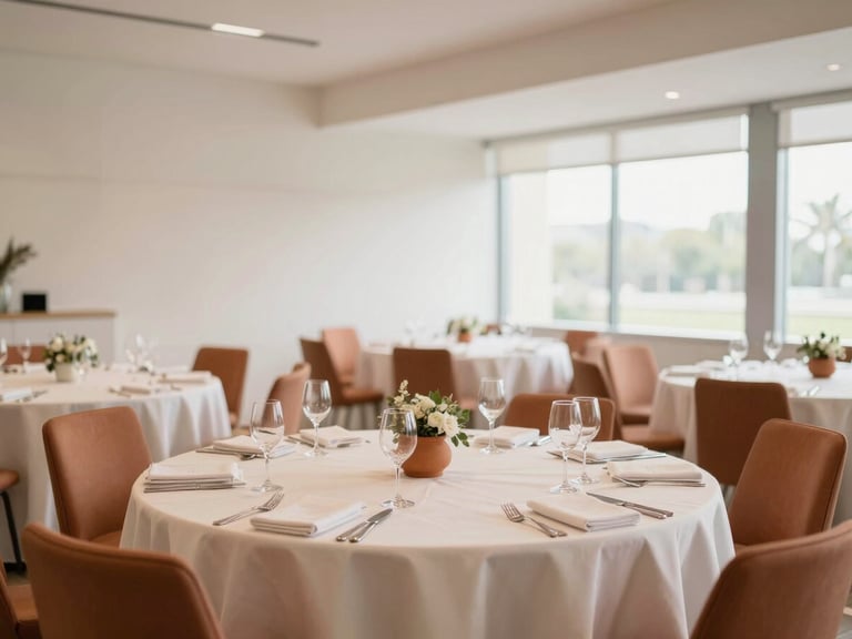 Modern event venue interior set up for a corporate luncheon, clean architectural lines, professional table settings, natural light, subtle branding elements, terracotta accents.