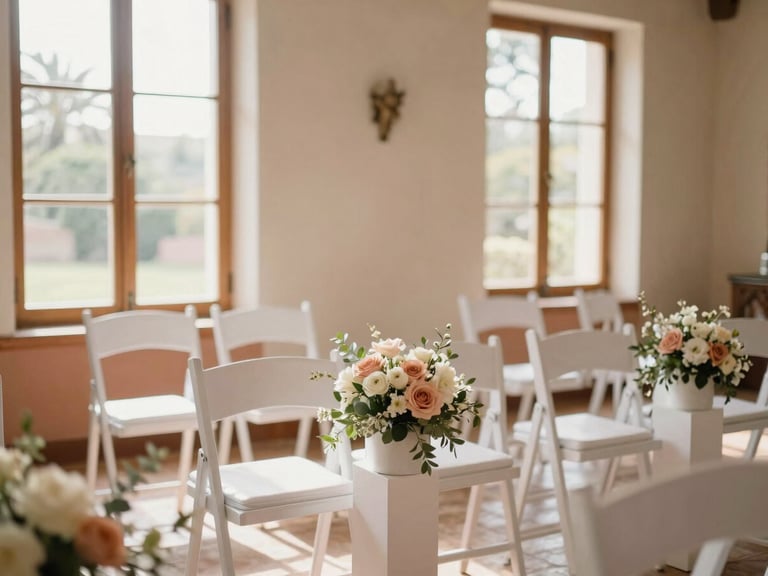 Sunlit interior of El Encanto set for a small, intimate wedding ceremony, elegant white chairs, soft floral decor, natural light streaming through windows, shallow depth of field.