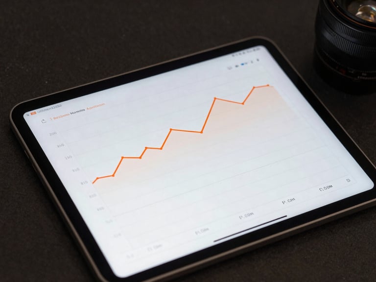 Close-up of a modern tablet displaying clean analytics graphs with orange lines, soft studio lighting, dark corporate background.