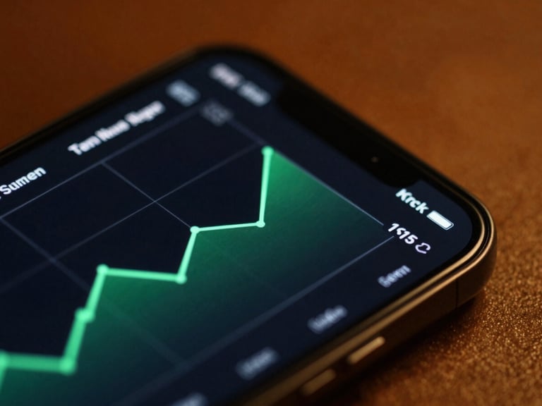 Close-up of a smartphone screen displaying a clean, professional dashboard with rising green analytics lines, dark background with subtle orange ambient light, shallow depth of field.