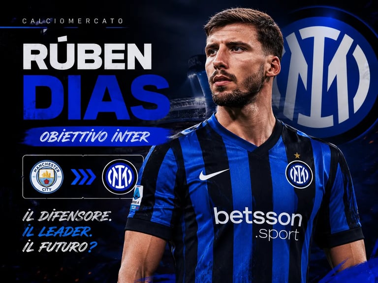 Rúben Dias in Inter Milan kit for a transfer rumor graphic featuring Manchester City and Inter logos.