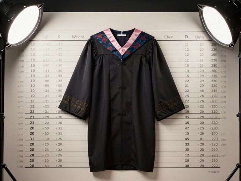 Frontal flat-lay of a printed academic gown sizing chart on off-white paper, columns showing height ranges in centimetres, weight in kilograms and chest circumference, clean overhead studio light, sharp detail on measurement numbers, no hands