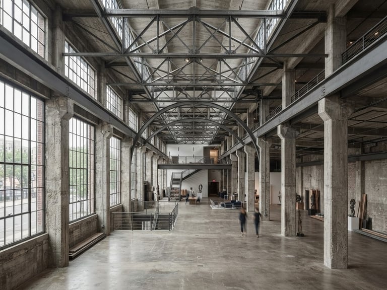 Wide environmental shot of exposed concrete columns and steel trusses under bright, natural daylight, desaturated tones, sharp focus.