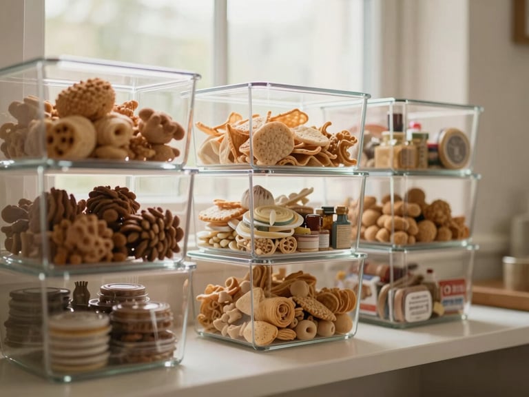 Warm editorial photography, soft natural window light, muted cream and oak tones, shallow depth of field, 35mm, stackable clear acrylic bins filled with neatly arranged snacks and small pantry items on a shelf.