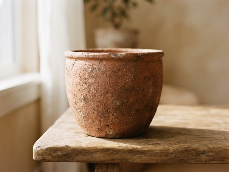 Close-up of a textured terracotta vessel sitting on a minimalist wooden bench, soft morning window light casting gentle shadows, warm organic tones, 35mm photography