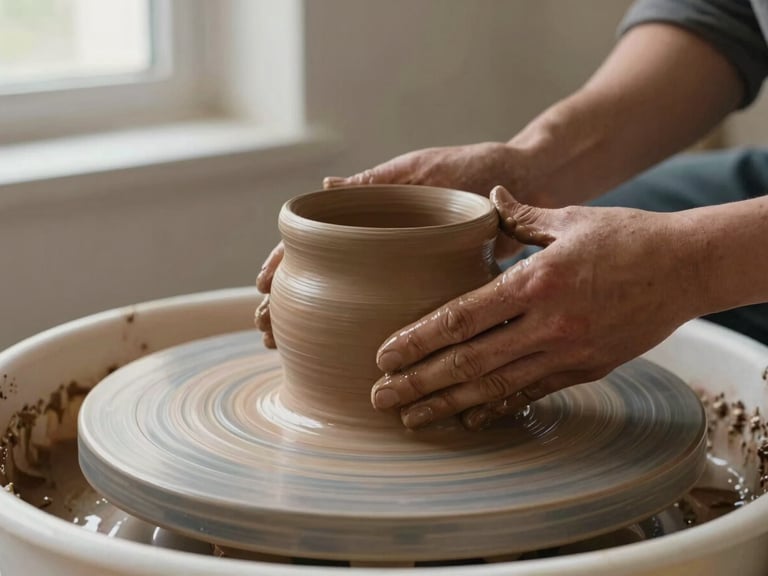 Close-up of hands shaping a wet clay pot on a potter wheel, soft directional light, earthy terracotta tones, minimalist studio background
