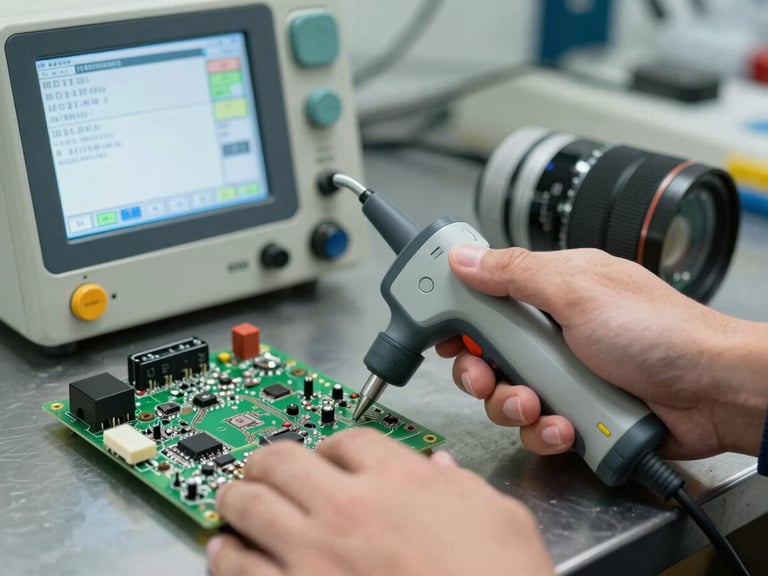 Close-up of technician hands pressing a diagnostic scanner probe against an appliance circuit board, digital readout screen visible in the background showing fault codes, bright workshop lighting, steel workbench surface