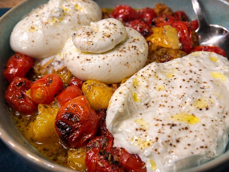Fresh burrata cheese topped with black pepper and olive oil over roasted cherry tomatoes in a bowl.
