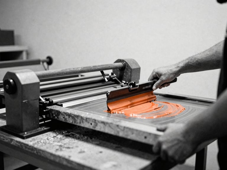Low-angle medium shot of a screen-printing press in a raw concrete studio, hands pulling a squeegee with thick orange ink, harsh overcast daylight, 35mm film grain
