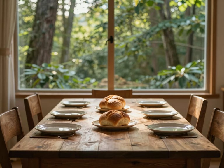 A long wooden dining table set with simple ceramic plates and fresh bread, warm sunlight filtering through dense green forest foliage outside the window, peaceful and serene atmosphere.