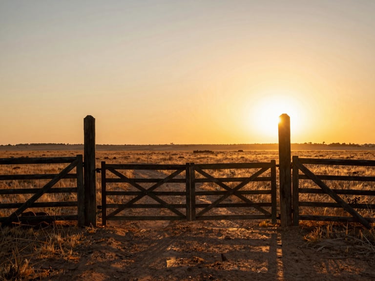 Wide environmental landscape of Alegrete at sunset, a rustic wooden gate open to the vast flat Pampa horizon, warm golden light casting long shadows on the dry earth.