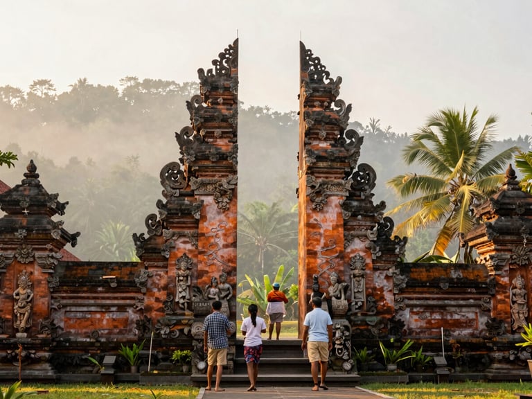 Indian travelers exploring ancient Balinese temple at sunrise, intricate carvings, tropical foliage, soft morning light
