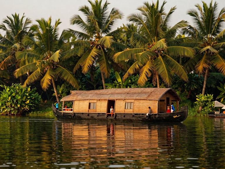 Indian couple on a traditional houseboat in Kerala's backwaters, lush green palms, golden hour light, reflections on calm water
