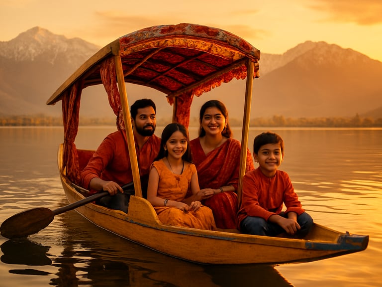 Indian family enjoying a shikara ride on Dal Lake in Kashmir at sunset, surrounded by snow-capped mountains, warm golden light