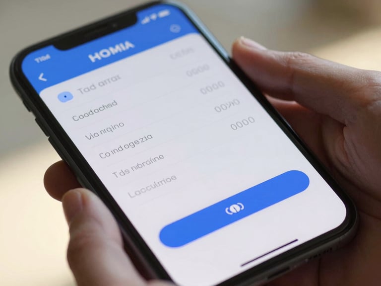 Close-up of a mobile banking app interface showing a clear transaction history screen with a prominent tracking button, bright natural daylight, held by a customer.