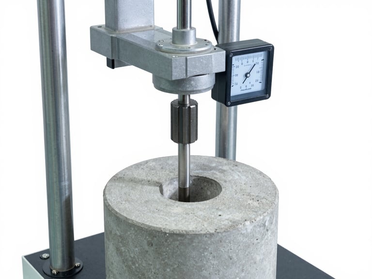 High-angle shot of a hydraulic press applying force to a concrete cylinder, force sensor readout, clean lab environment, sharp focus.