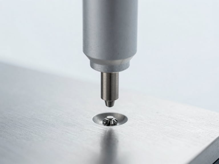 Macro view of a Vickers hardness tester indenting a polished material surface, microscopic view of the precise indentation, clinical white studio lighting.