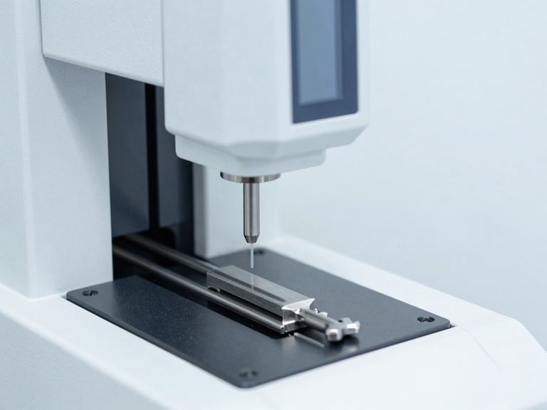 Close-up of a universal testing machine gripping a dog-bone shaped metal specimen, digital strain gauge visible, bright clinical lighting, cool desaturated tones.