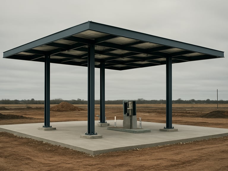 Wide mid-range site photo of a fuel station canopy under active construction, steel canopy columns bolted to concrete pads, pump island rough-in visible, overcast daylight, no workers foregrounded, structural scale evident against low horizon