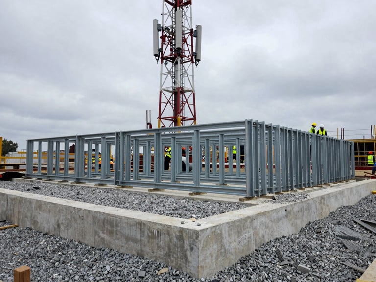 Mid-range environmental photograph of an active cell tower construction site: concrete foundation formwork in foreground, structural steel legs staged horizontally on gravel pad, overcast daylight, site crew in hard hats and high-visibility vests visible at mid-frame for scale, no portraits, cold steel and grey gravel tones