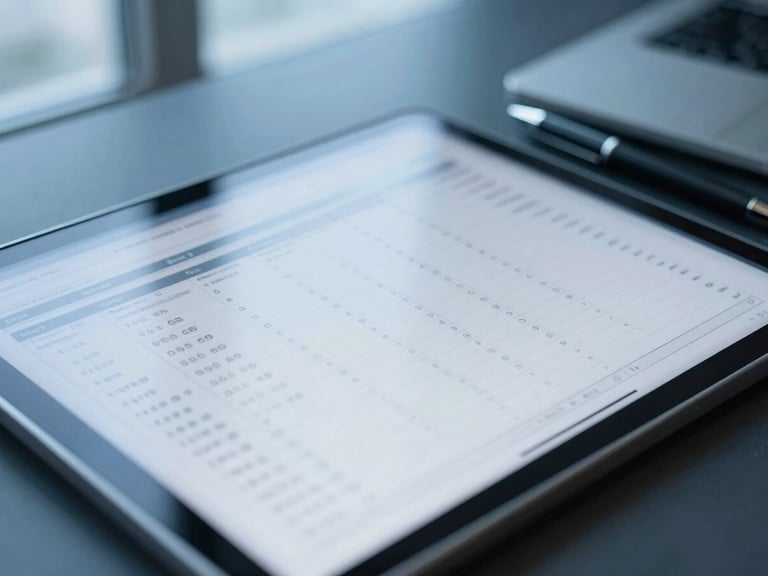 Close-up of a financial ledger on a tablet screen, a pen resting beside it, subtle blue-hour window light, organized desk, sharp focus.
