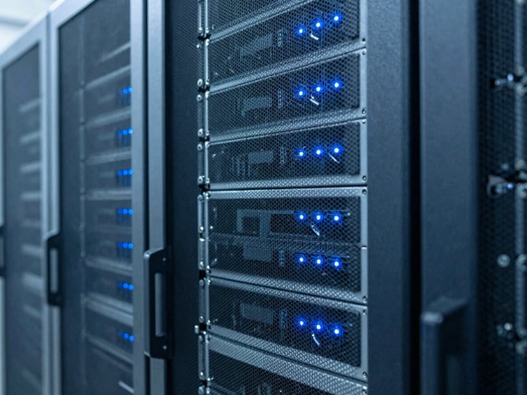 Close-up of a server rack with blue indicator lights in a modern data center, cool-toned daylight, sharp focus.