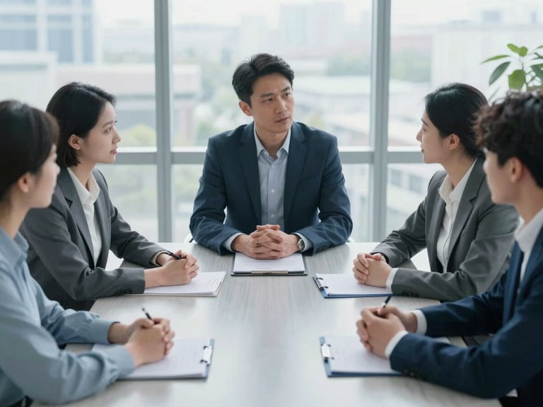 Structured collaborative strategy session around a modern table, bright natural daylight, cool blue tones, sharp focus.