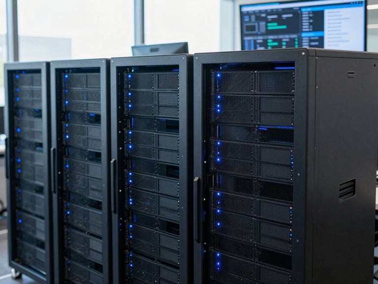 Modern office, sleek server racks glowing with soft blue light, a digital marketing dashboard on a screen, cool-toned daylight, sharp focus.