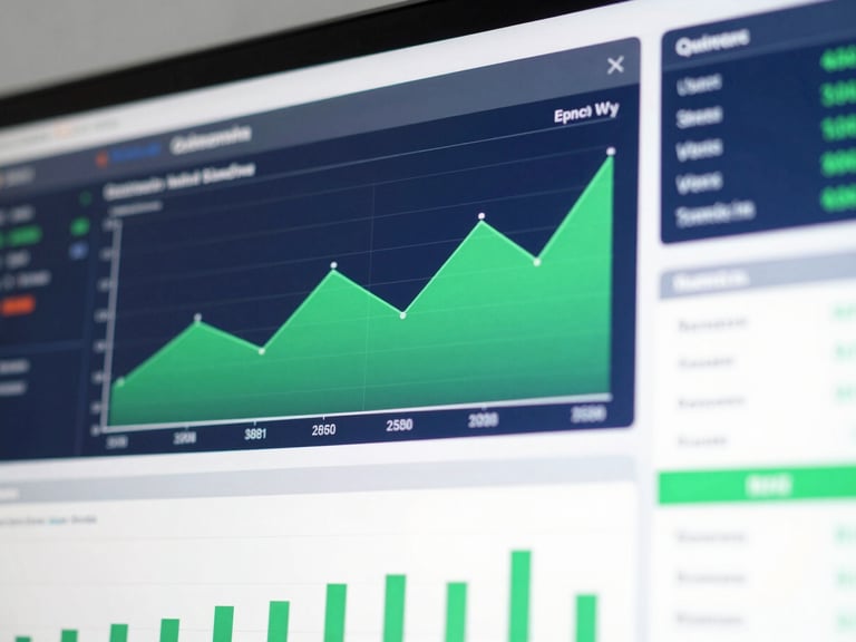 Close-up of a high-end digital interface showing financial data graphs, bright cool studio lighting, navy and green accents, sharp focus