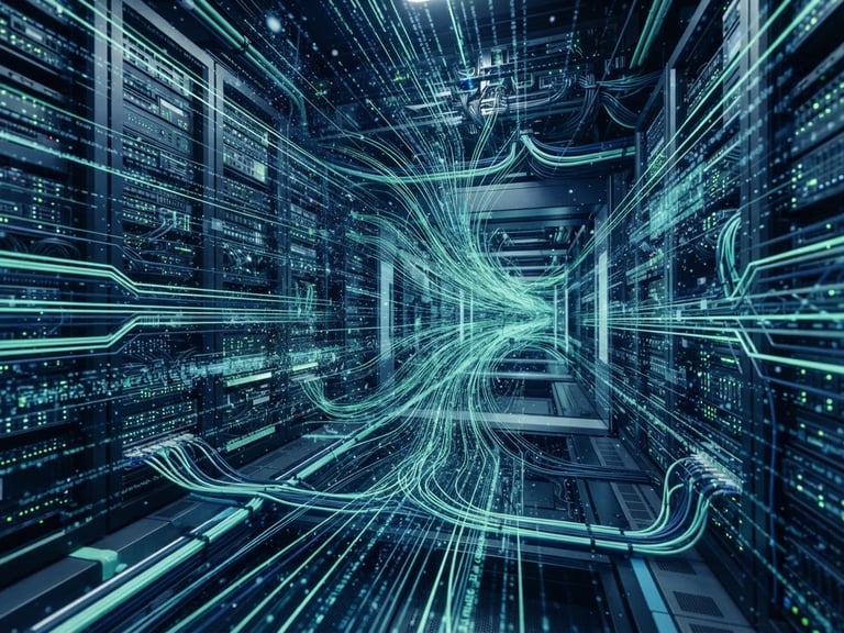 Abstract digital data flows in deep navy and mint green, clean architectural lines, bright cool studio lighting, sharp focus, 35mm
