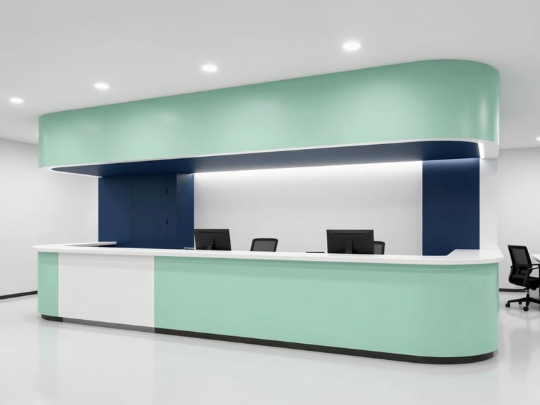 Clean architectural lines of a modern financial institution interior, bright cool studio lighting, mint green highlights, 35mm