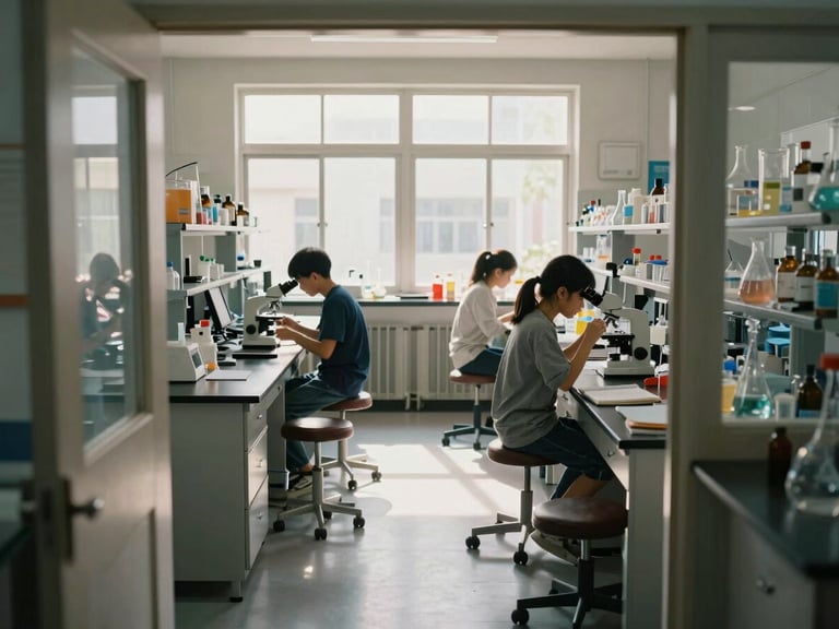 Environmental wide shot of a school science laboratory, shot from the doorway. Afternoon light streams through windows along the far wall, illuminating two students examining a specimen under a microscope. Lab benches are visible in the foreground, equipment laid out in use. The room reads as actively occupied — notebooks open, stools pulled close. No posed expressions, no camera eye contact. Framing shows the full depth of the room.