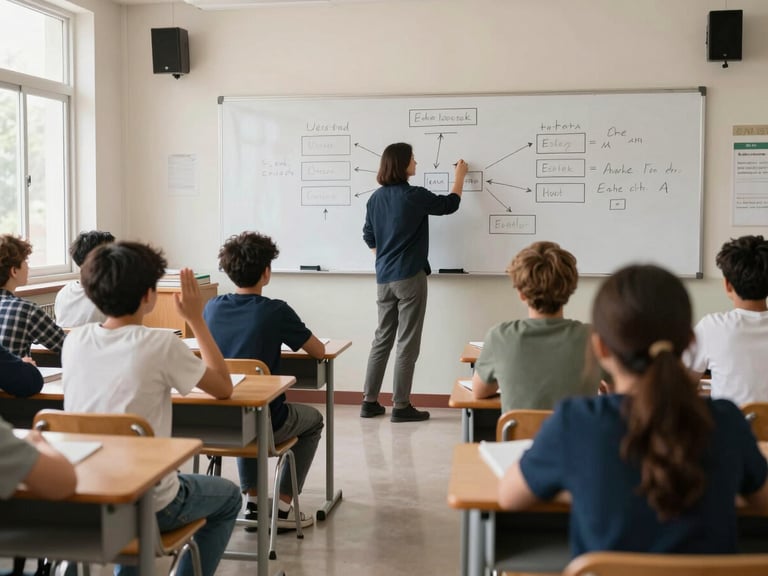 Wide environmental shot of a secondary school classroom from the back of the room. A teacher stands at the front, writing on a whiteboard covered in a structured diagram — arrows and labeled boxes. Students in the foreground are visible from behind, some leaning forward, one with hand raised. Daylight from side windows. The frame shows the full teaching environment: desks, books, the board, and the teacher mid-explanation. No faces of students in focus; the teacher is identifiable by posture and gesture, not a posed portrait.