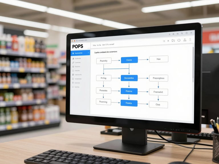 Tela de computador exibindo um software de criação de POPs com interface limpa, diagramas de fluxo e texto, em um escritório moderno de supermercado.