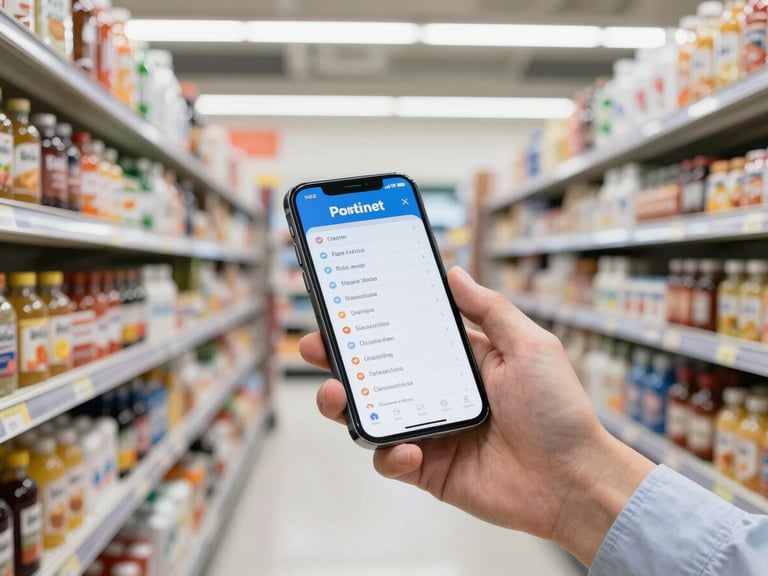 Mãos de um gerente de supermercado segurando um smartphone, exibindo um aplicativo de checklist digital com itens marcados, em um corredor de supermercado com produtos organizados.