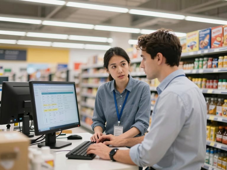 Consultor de varejo e gerente de supermercado colaborando em frente a uma tela de computador, discutindo fluxos de processo em um ambiente profissional e bem iluminado.