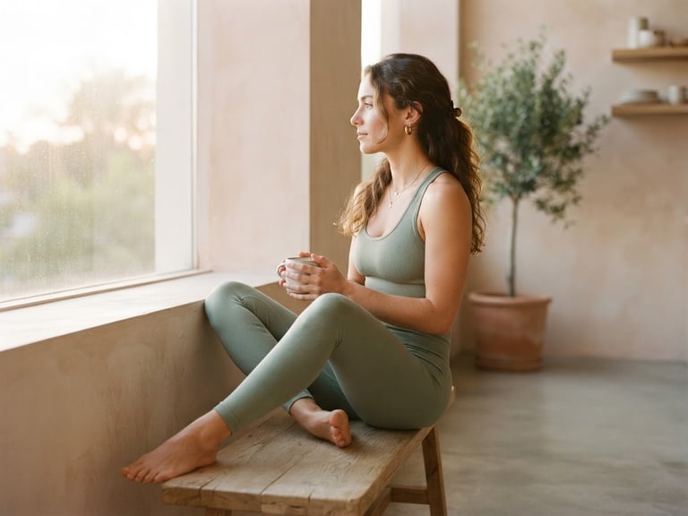 Mujer activa con ropa deportiva JEI, sentada relajada en un espacio minimalista con luz natural suave, vista de perfil, textura de la tela visible, tonos melocotón y salvia. Fotografía editorial, luz natural de atardecer, composición minimalista elegante, estilo de película de 35mm.