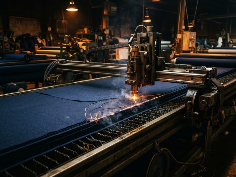 Industrial editorial photography of a heavy-duty laser fabric cutter slicing through deep navy textile rolls, dramatic high-contrast factory lighting with warm amber highlights, sharp macro details, 35mm lens