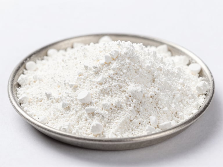 macro close-up of pure white supplement powder on a sterile metal scale, high-key clinical studio lighting, sharp focus, 85mm