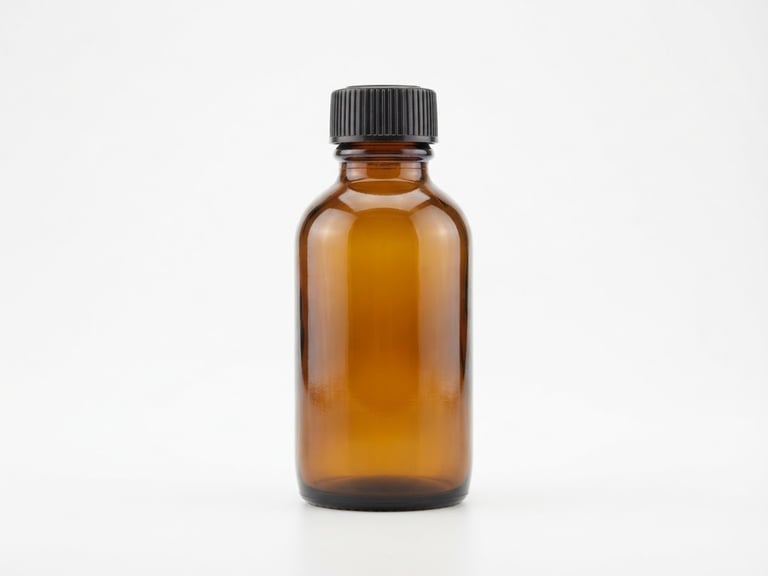 clean clinical product photography, bright high-key studio lighting, stark white backdrop, sharp focus, 85mm, single amber glass bottle centered