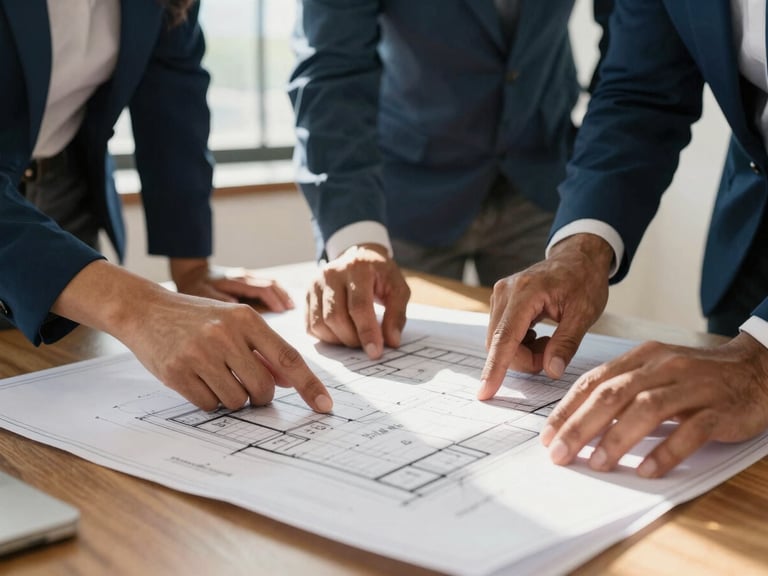Close-up of hands reviewing formal construction blueprint plans on a wooden table, warm sunlight filtering through a window, professional and clean