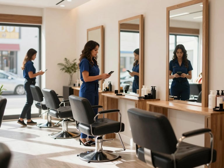 A modern, bright boutique beauty salon interior with warm wooden accents, empty chairs, natural daylight streaming in, shallow depth of field