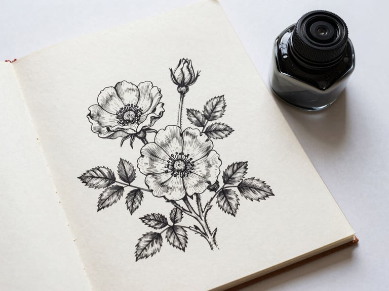 Flat lay of hand-drawn ink sketches of wild roses on raw deckle-edged paper next to a ceramic inkwell, overcast natural light