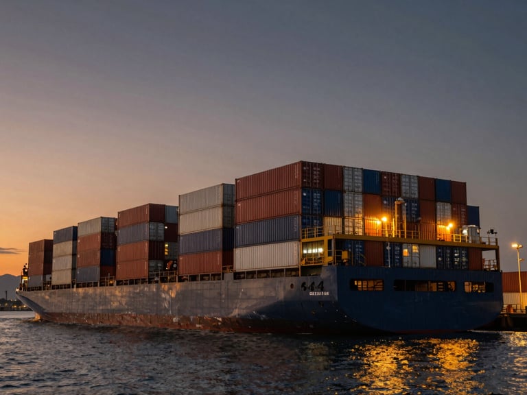 High-contrast wide panoramic shot of a deep-water shipping port at dusk, stacks of raw shipping containers under dramatic amber industrial lighting, expansive sky.