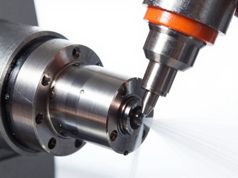 Macro close-up of a high-precision CNC mill spindle in motion, bright coolant spray, sharp metallic reflections on billet aluminum, high-key studio lighting.