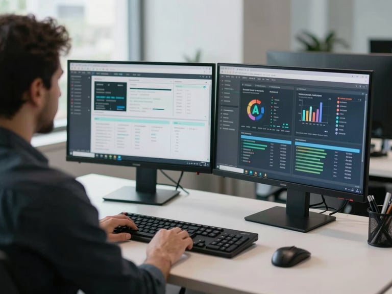 Wide over-the-shoulder shot of a clean, modern workstation in São Paulo, dual monitors showing blurred operational dashboards, bright cool daylight.