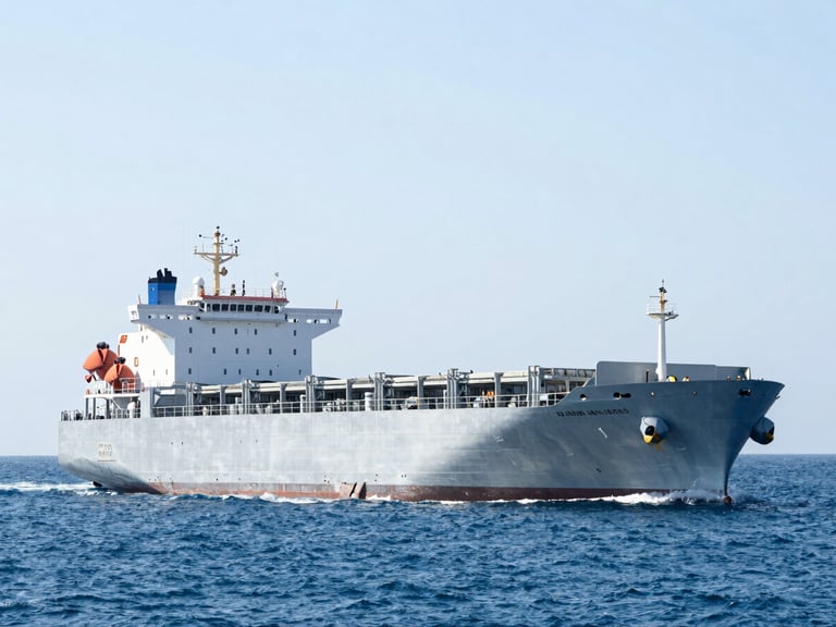 A large commercial cargo ship navigating open ocean waters under bright high-key daylight, clean maritime aesthetic.